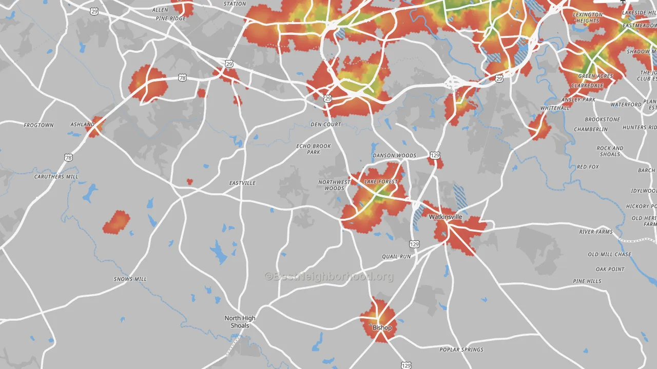 Walk Grade map of Oconee County, GA, walkable areas in green and car-dependent areas in red