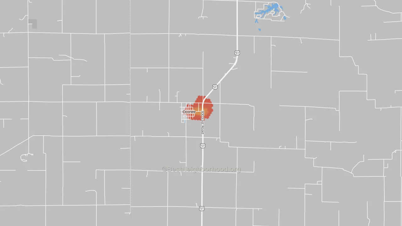Walk Grade map of Oconee, IL, walkable areas in green and car-dependent areas in red