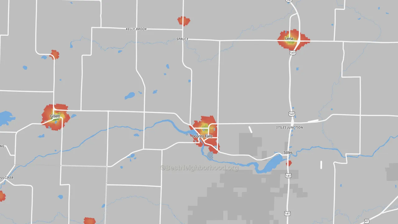 Walk Grade map of Oconto County, WI, walkable areas in green and car-dependent areas in red