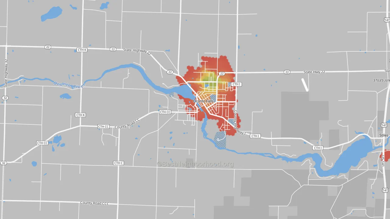 Walk Grade map of Oconto Falls, WI, walkable areas in green and car-dependent areas in red