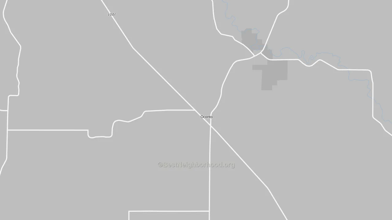 Walk Grade map of Oconto, NE, walkable areas in green and car-dependent areas in red