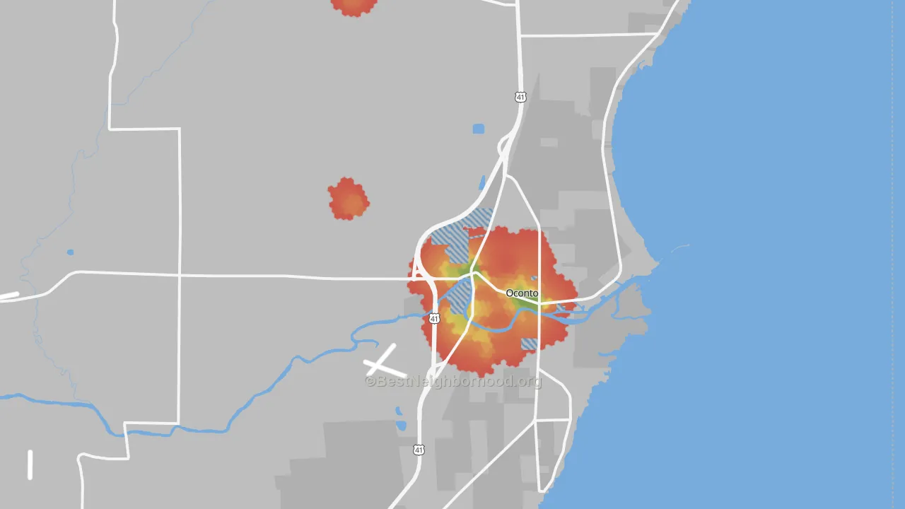 Walk Grade map of Oconto, WI, walkable areas in green and car-dependent areas in red