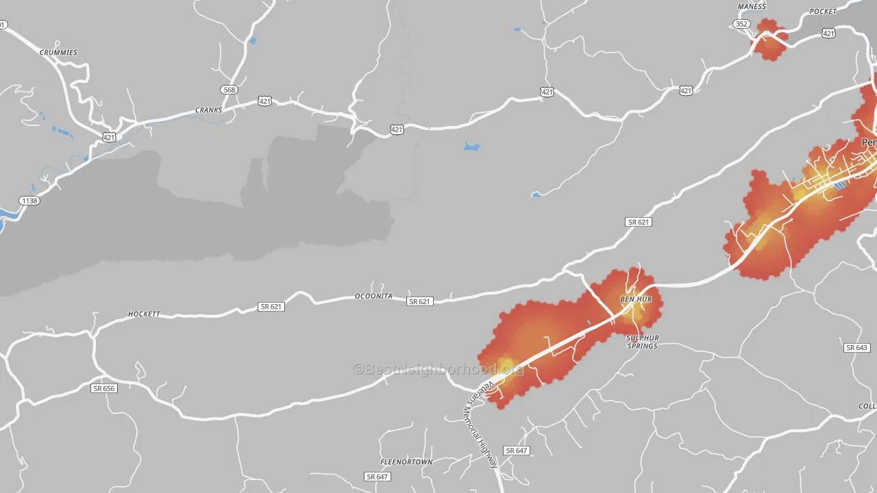 Walk Grade map of Ocoonita, VA, walkable areas in green and car-dependent areas in red