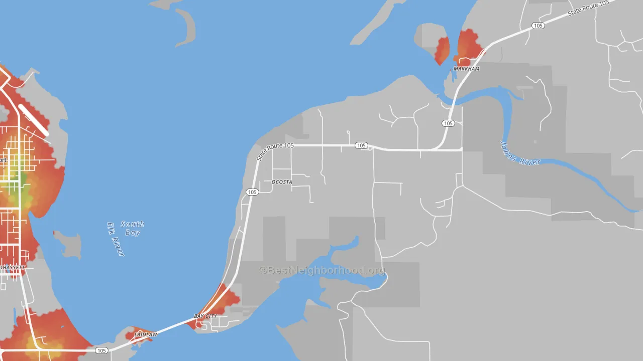 Walk Grade map of Ocosta, WA, walkable areas in green and car-dependent areas in red