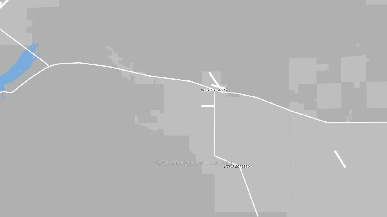 Walk Grade map of Ocotillo Wells, CA, walkable areas in green and car-dependent areas in red
