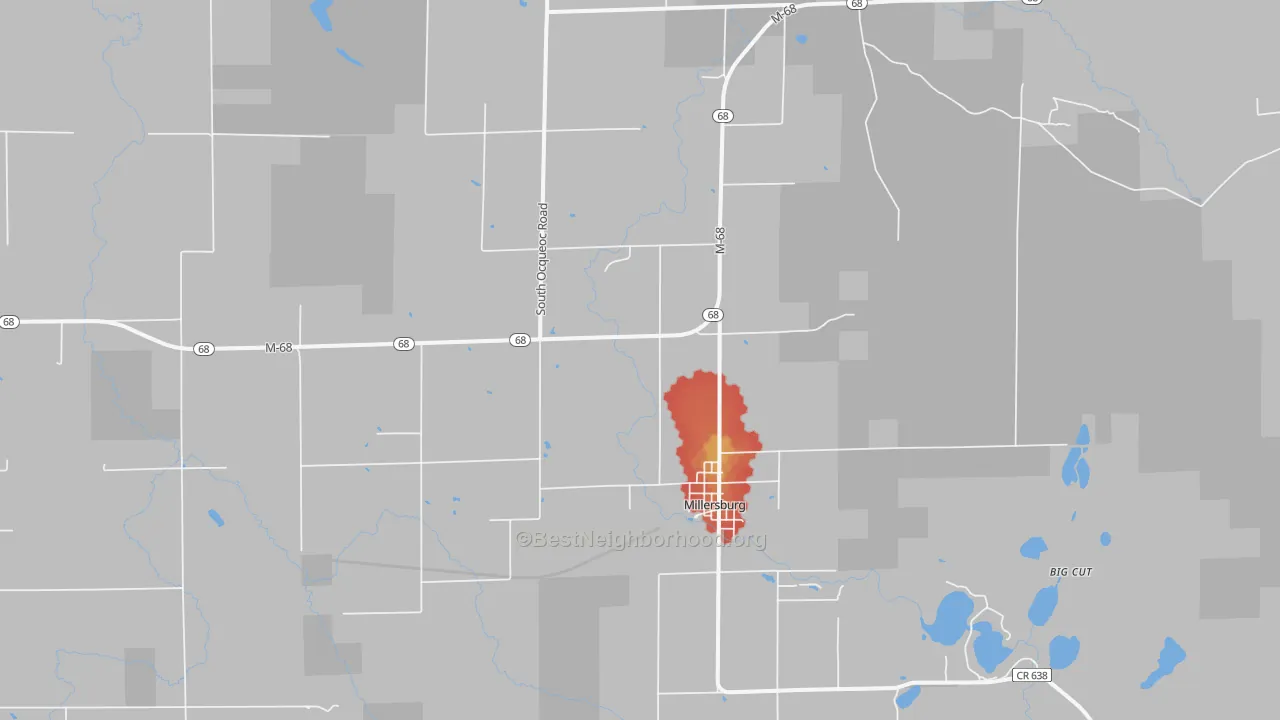 Walk Grade map of Ocqueoc, MI, walkable areas in green and car-dependent areas in red