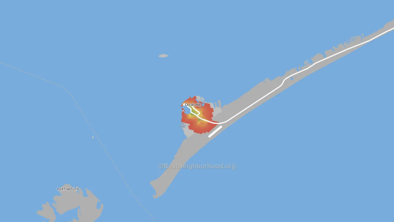 Walk Grade map of Ocracoke, NC, walkable areas in green and car-dependent areas in red