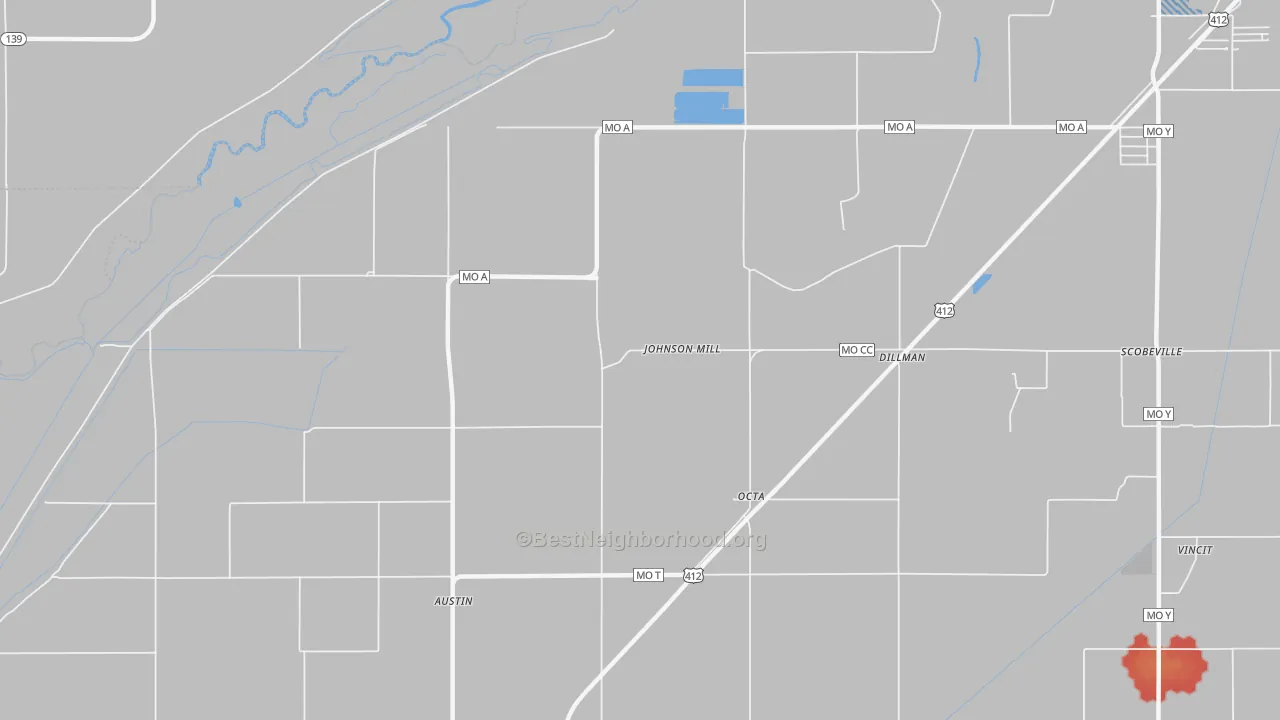 Walk Grade map of Octa, MO, walkable areas in green and car-dependent areas in red