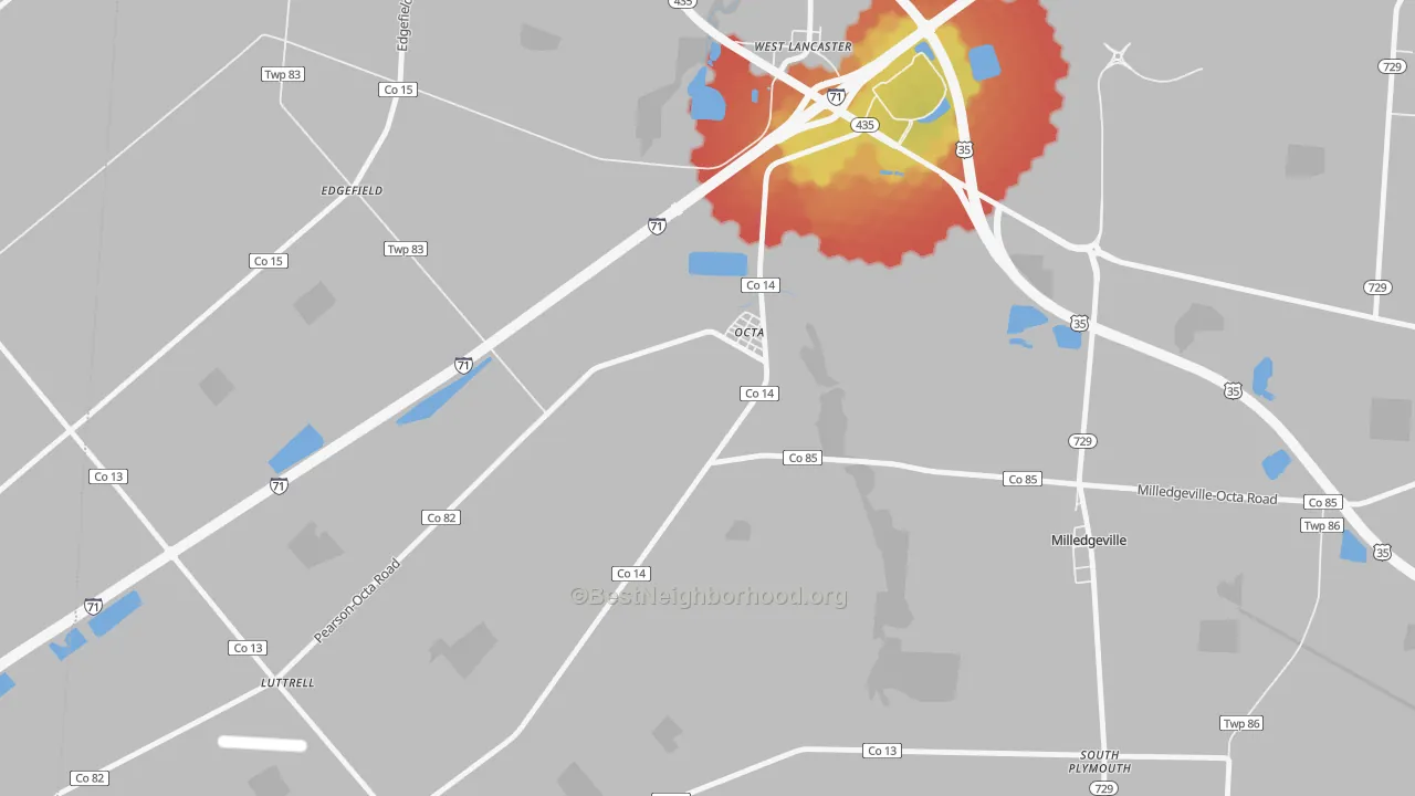 Walk Grade map of Octa, OH, walkable areas in green and car-dependent areas in red