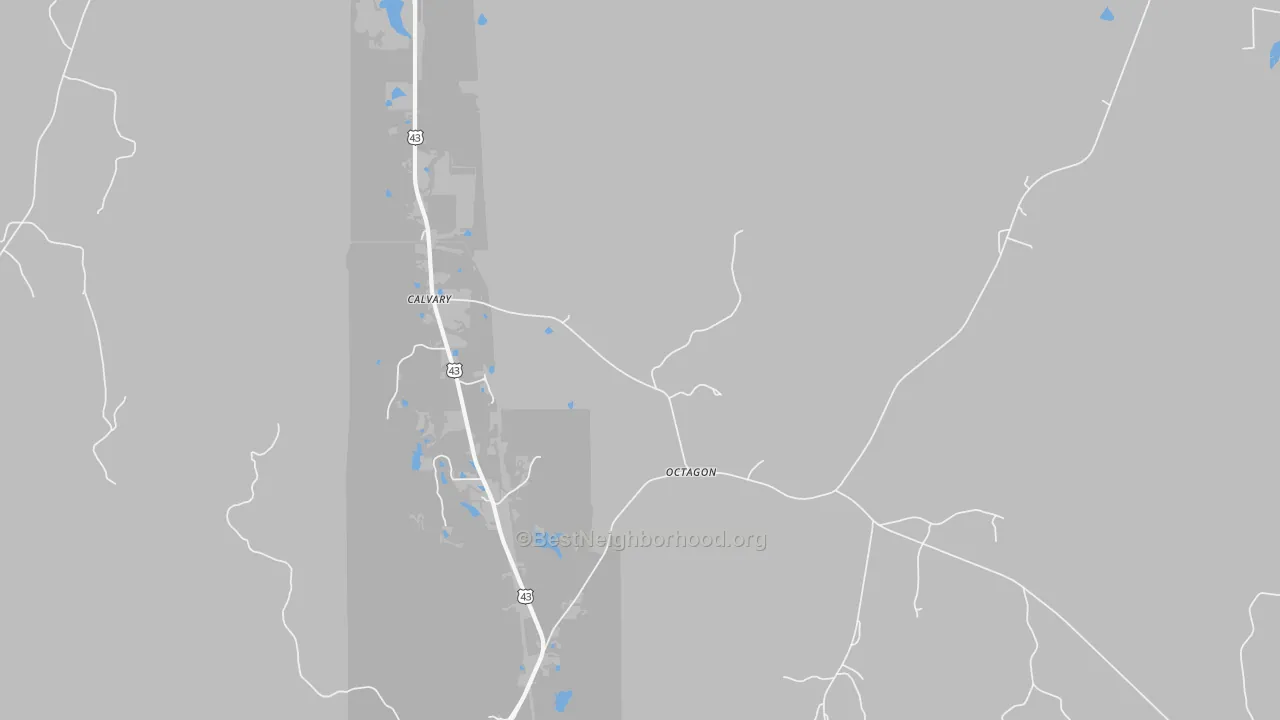 Walk Grade map of Octagon, AL, walkable areas in green and car-dependent areas in red