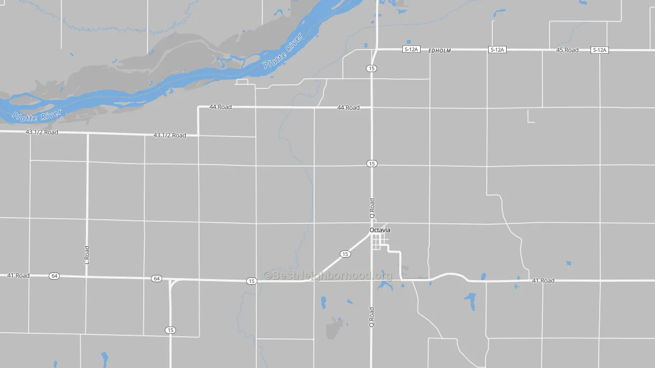 Walk Grade map of Octavia, NE, walkable areas in green and car-dependent areas in red