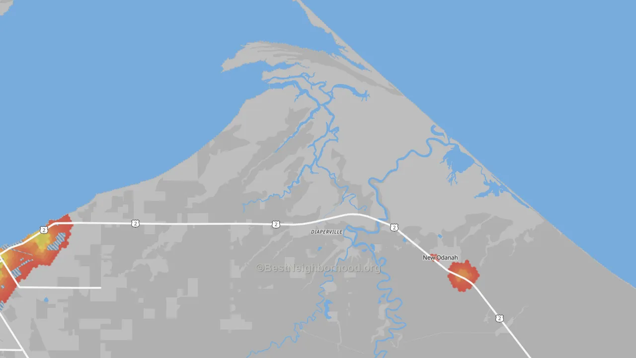 Walk Grade map of Odanah, WI, walkable areas in green and car-dependent areas in red