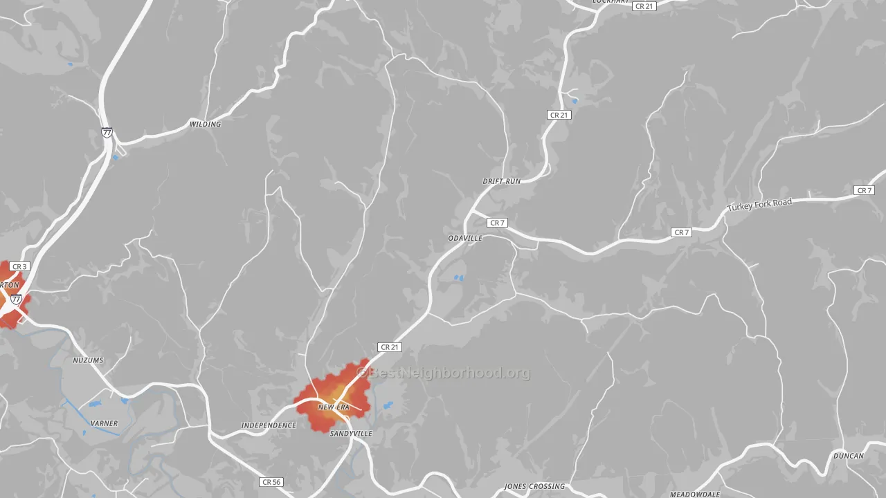 Walk Grade map of Odaville, WV, walkable areas in green and car-dependent areas in red