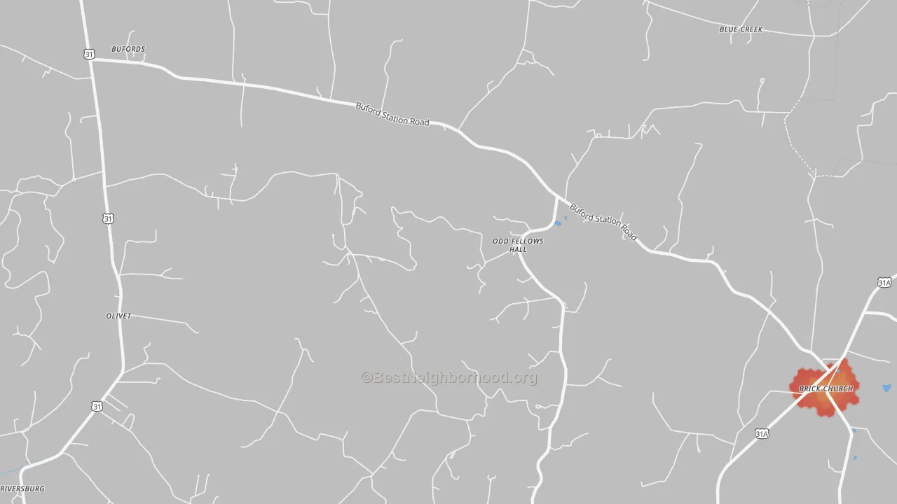 Walk Grade map of Odd Fellows Hall, TN, walkable areas in green and car-dependent areas in red