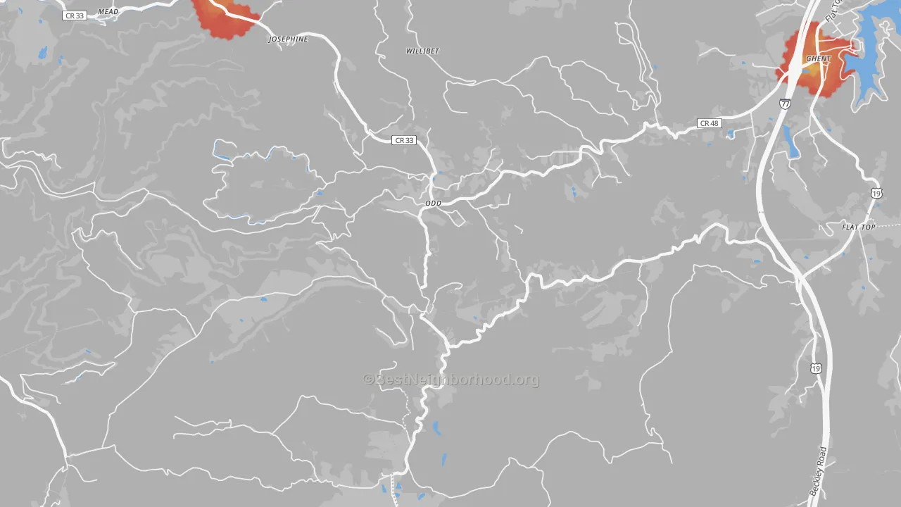 Walk Grade map of Odd, WV, walkable areas in green and car-dependent areas in red