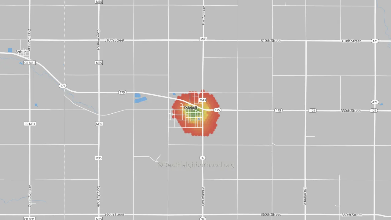 Walk Grade map of Odebolt, IA, walkable areas in green and car-dependent areas in red