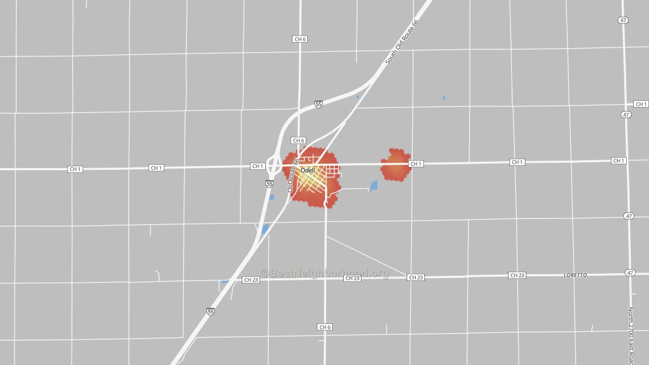 Walk Grade map of Odell, IL, walkable areas in green and car-dependent areas in red