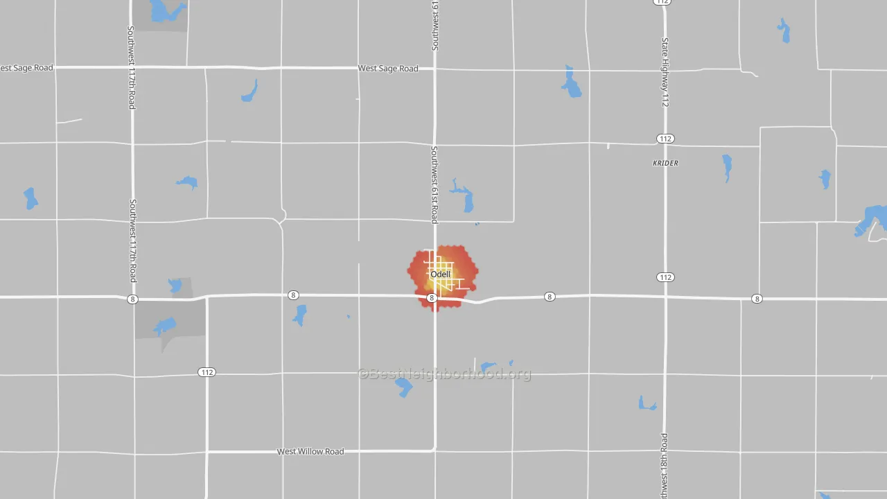 Walk Grade map of Odell, NE, walkable areas in green and car-dependent areas in red