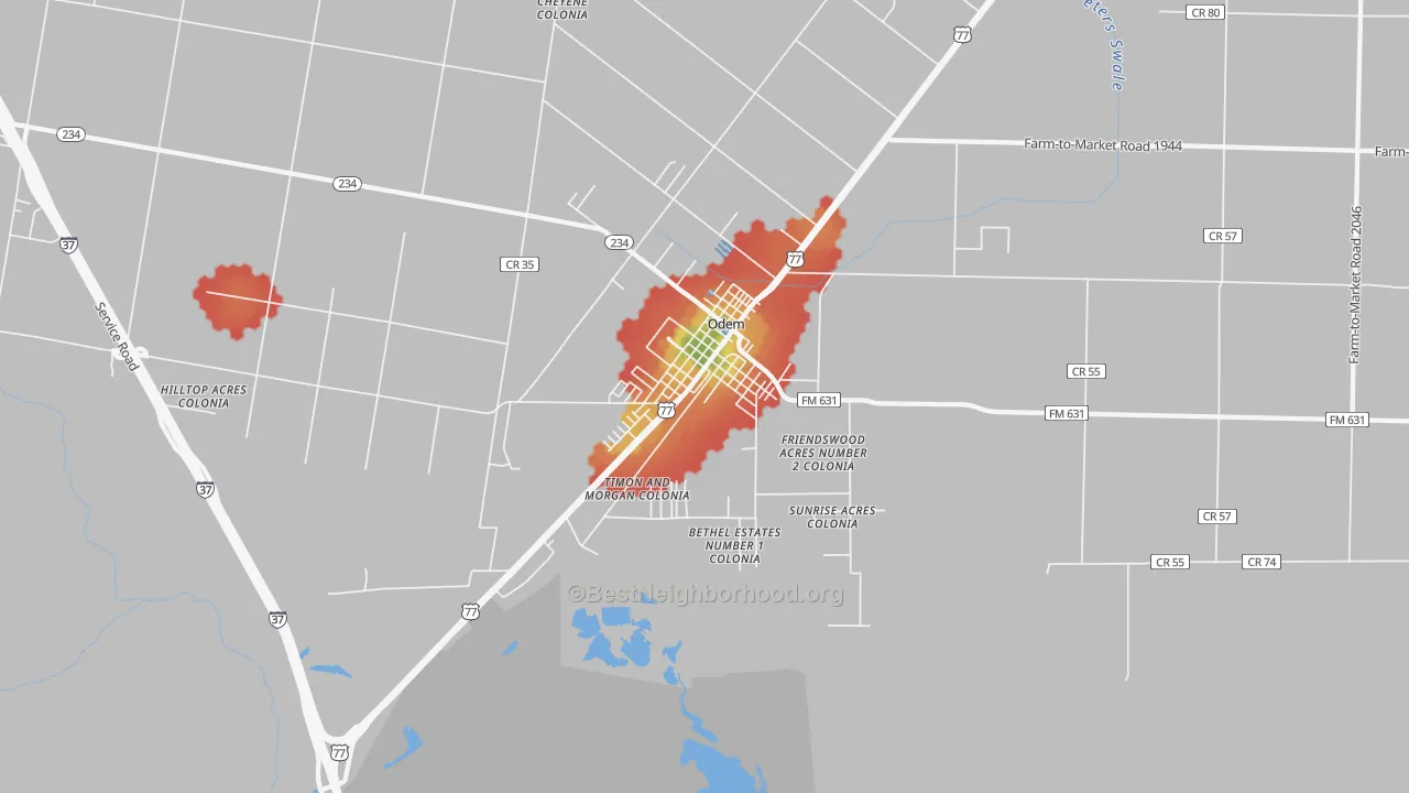 Walk Grade map of Odem, TX, walkable areas in green and car-dependent areas in red