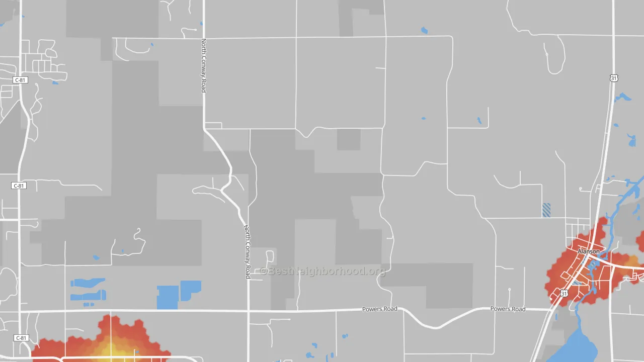 Walk Grade map of Oden, MI, walkable areas in green and car-dependent areas in red