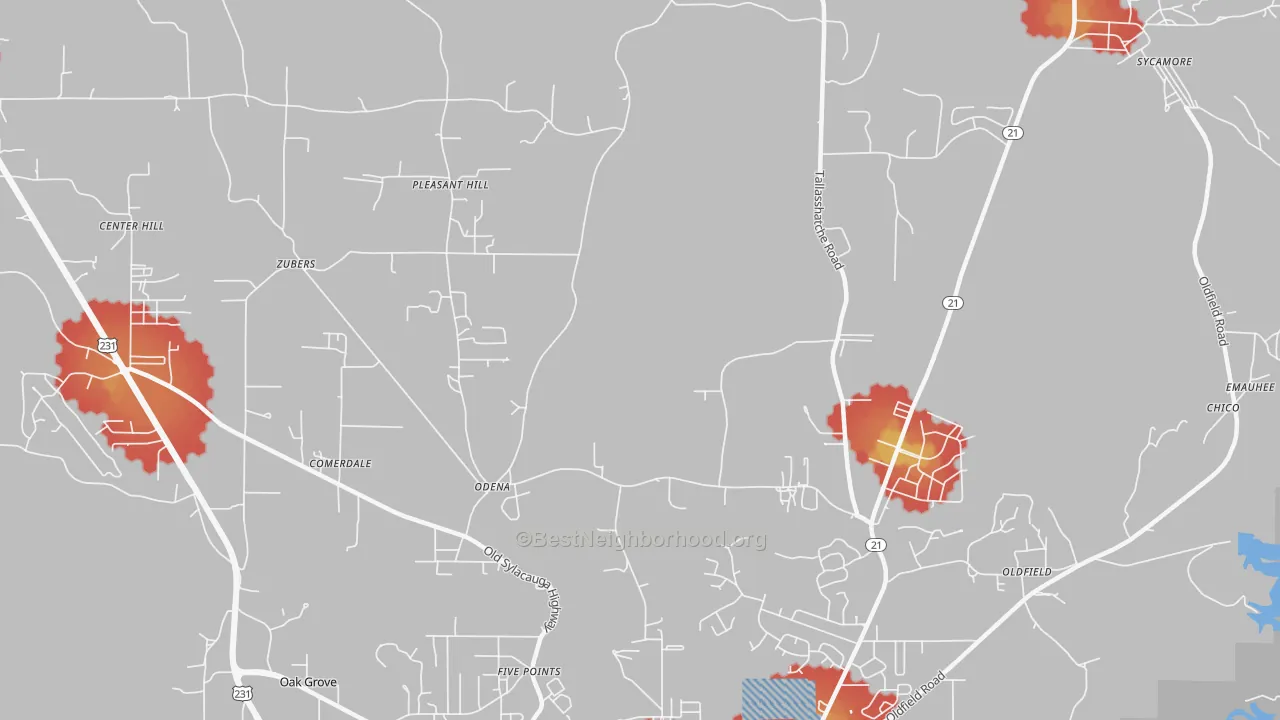 Walk Grade map of Odena, AL, walkable areas in green and car-dependent areas in red