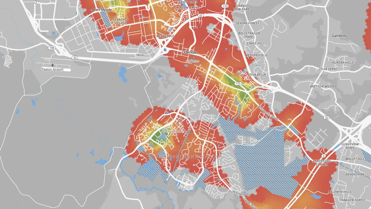 Walk Grade map of Odenton, MD, walkable areas in green and car-dependent areas in red
