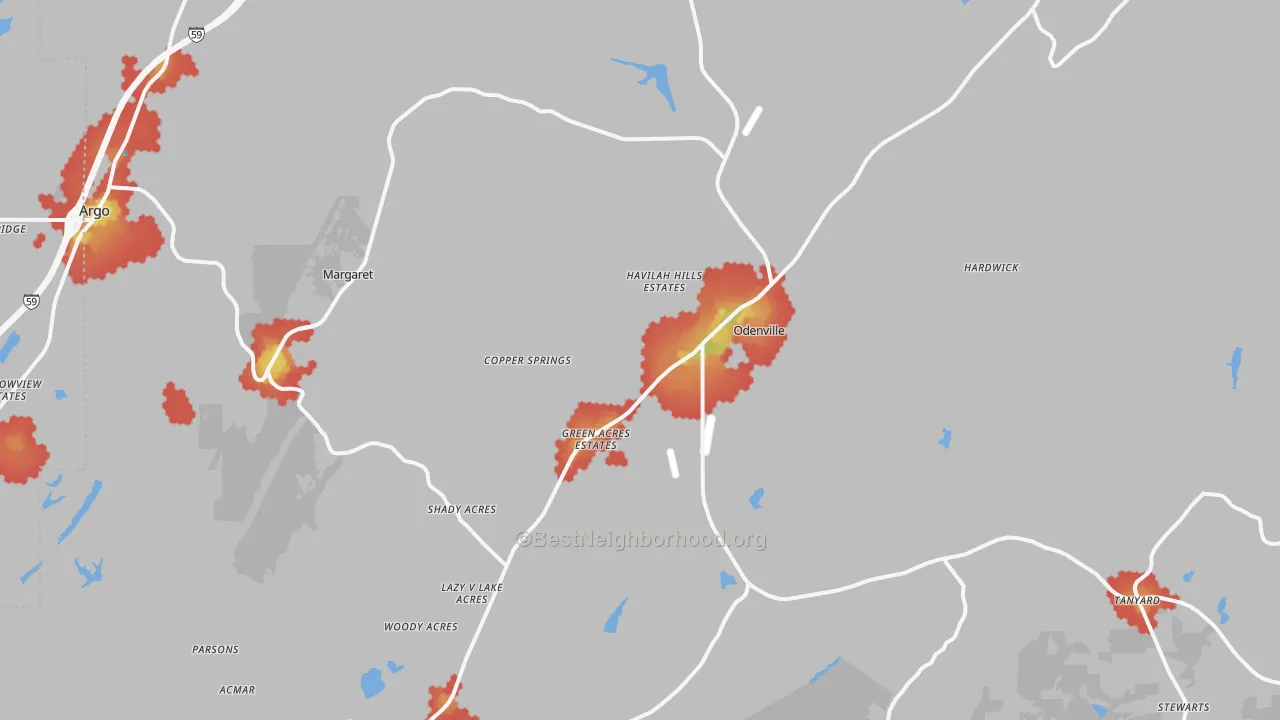 Walk Grade map of Odenville, AL, walkable areas in green and car-dependent areas in red