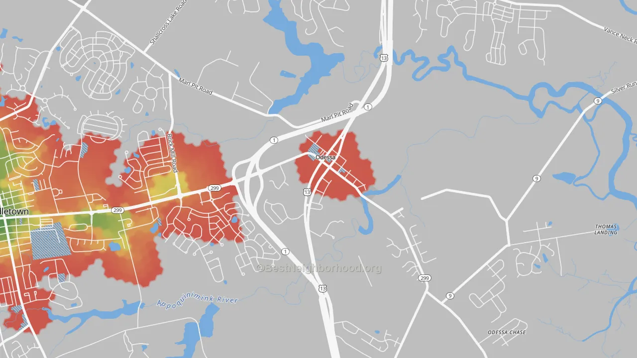 Walk Grade map of Odessa, DE, walkable areas in green and car-dependent areas in red