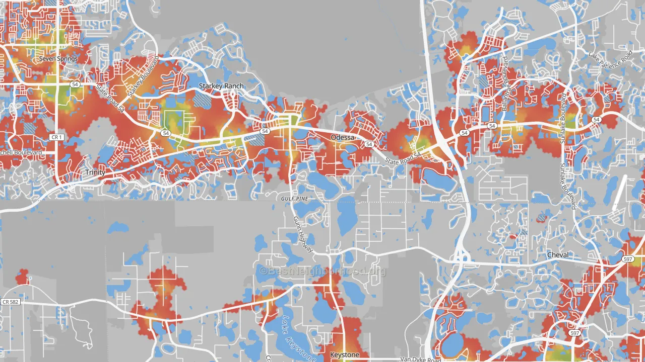Walk Grade map of Odessa, FL, walkable areas in green and car-dependent areas in red