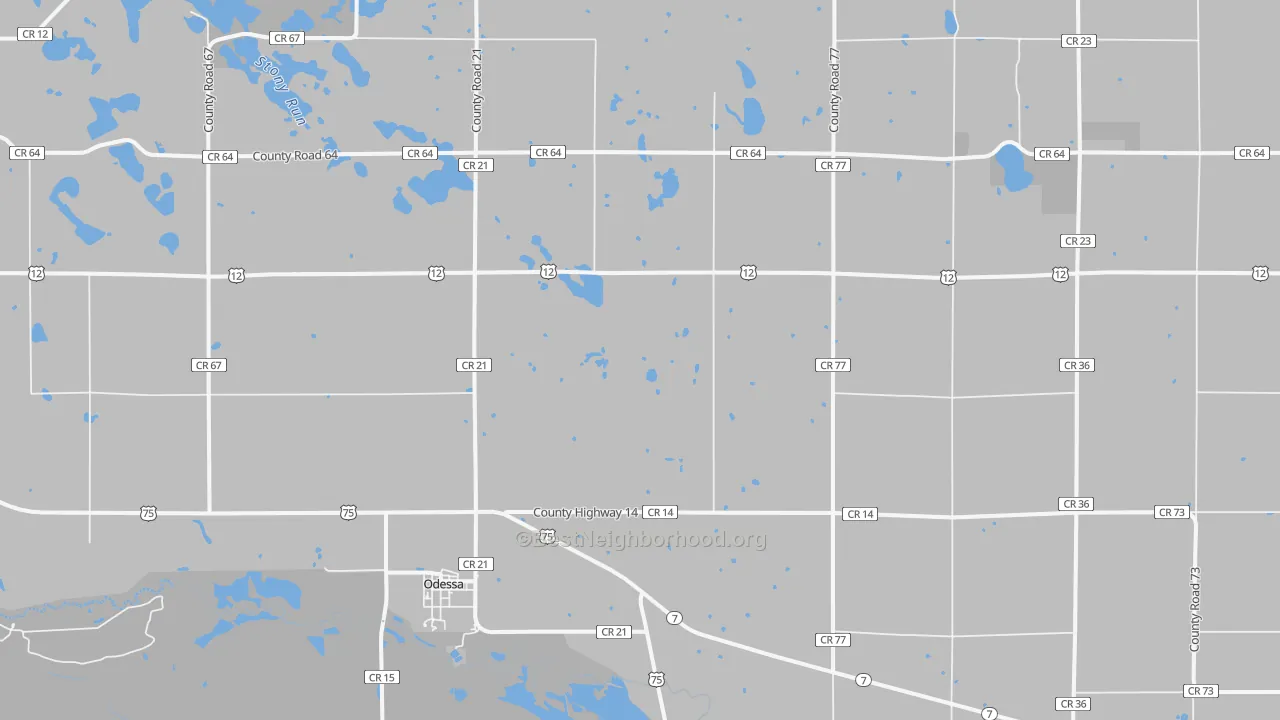 Walk Grade map of Odessa, MN, walkable areas in green and car-dependent areas in red