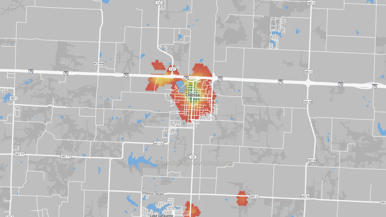 Walk Grade map of Odessa, MO, walkable areas in green and car-dependent areas in red