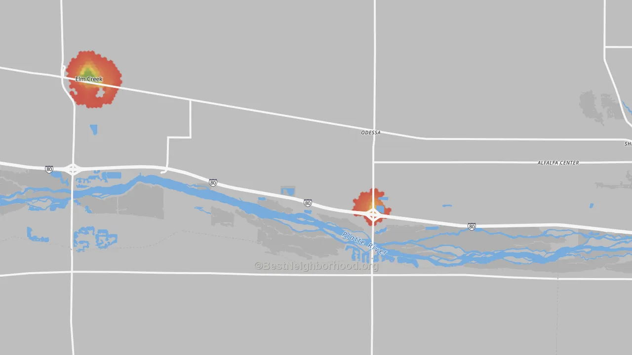 Walk Grade map of Odessa, NE, walkable areas in green and car-dependent areas in red