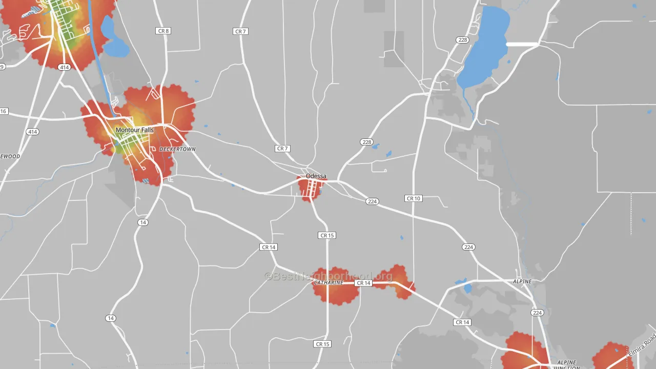 Walk Grade map of Odessa, NY, walkable areas in green and car-dependent areas in red