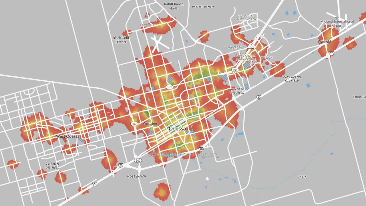 Walk Grade map of Odessa, TX, walkable areas in green and car-dependent areas in red