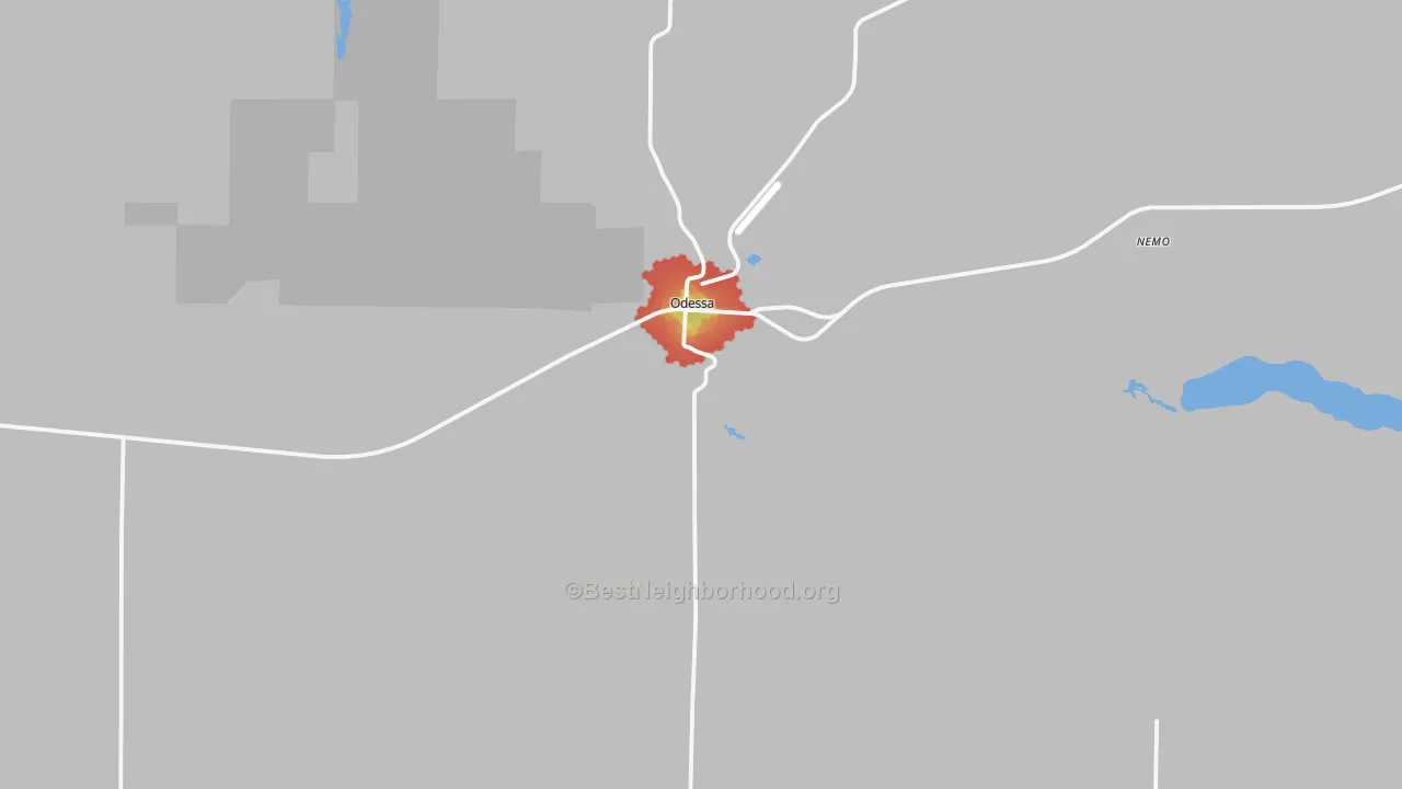 Walk Grade map of Odessa, WA, walkable areas in green and car-dependent areas in red