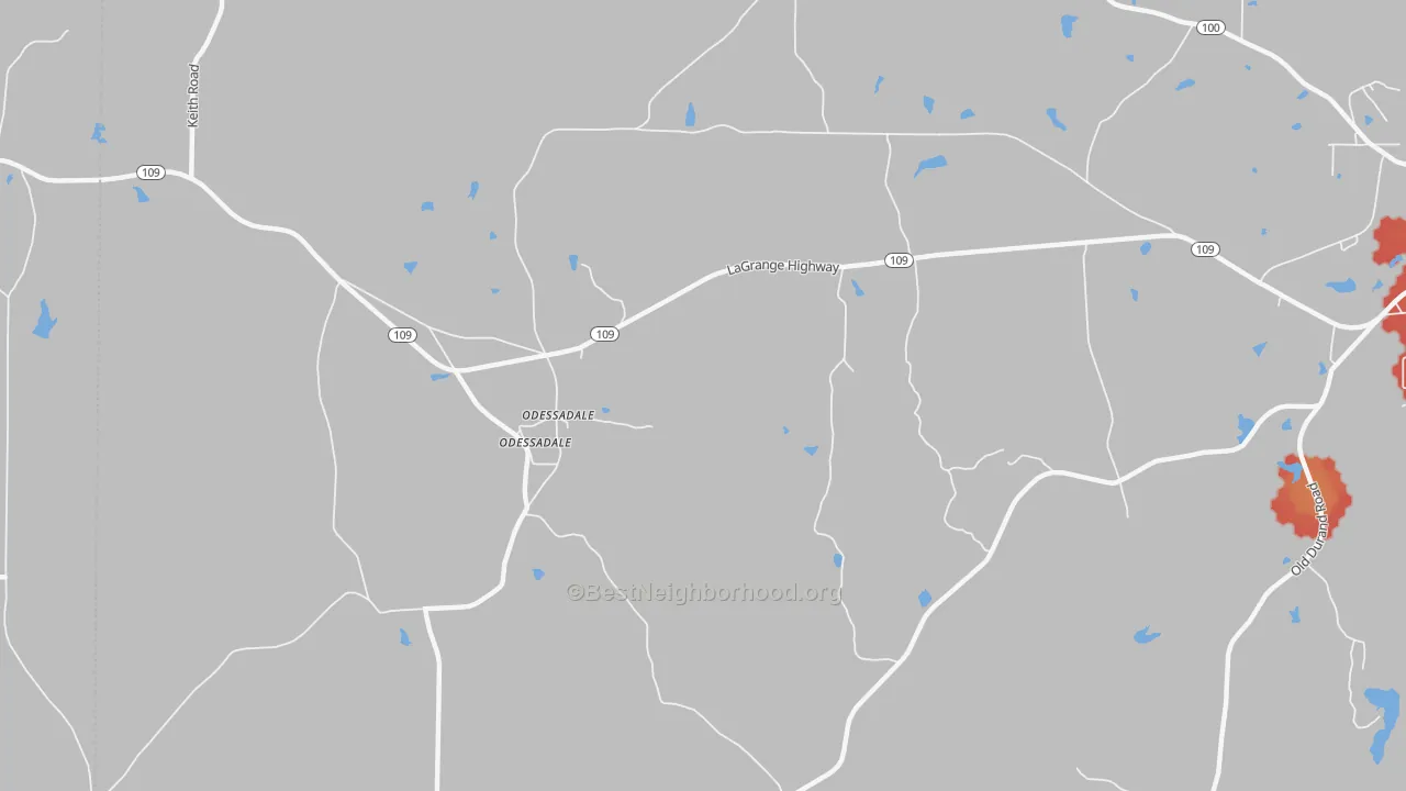 Walk Grade map of Odessadale, GA, walkable areas in green and car-dependent areas in red