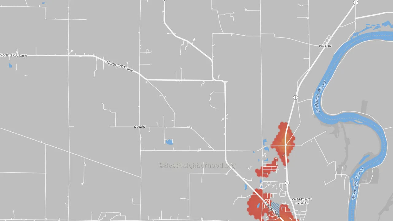 Walk Grade map of Odgen, IL, walkable areas in green and car-dependent areas in red