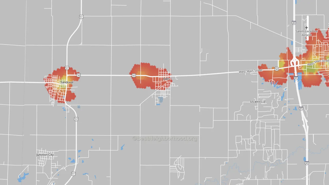 Walk Grade map of Odin, IL, walkable areas in green and car-dependent areas in red
