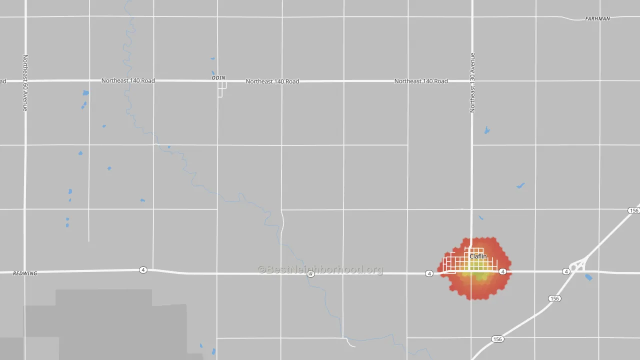 Walk Grade map of Odin, KS, walkable areas in green and car-dependent areas in red