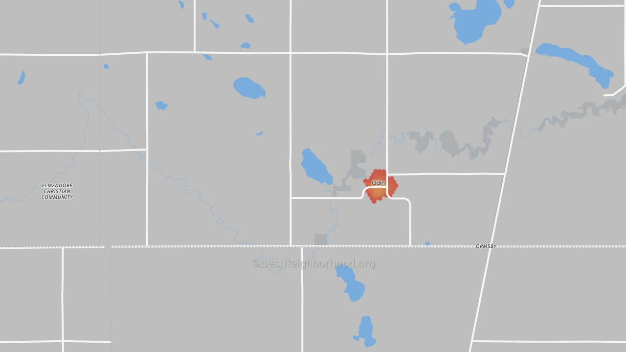 Walk Grade map of Odin, MN, walkable areas in green and car-dependent areas in red