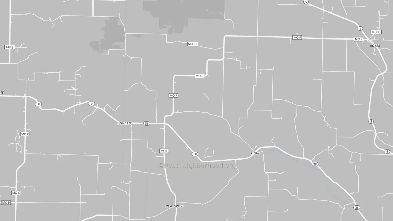 Walk Grade map of Odin, MO, walkable areas in green and car-dependent areas in red