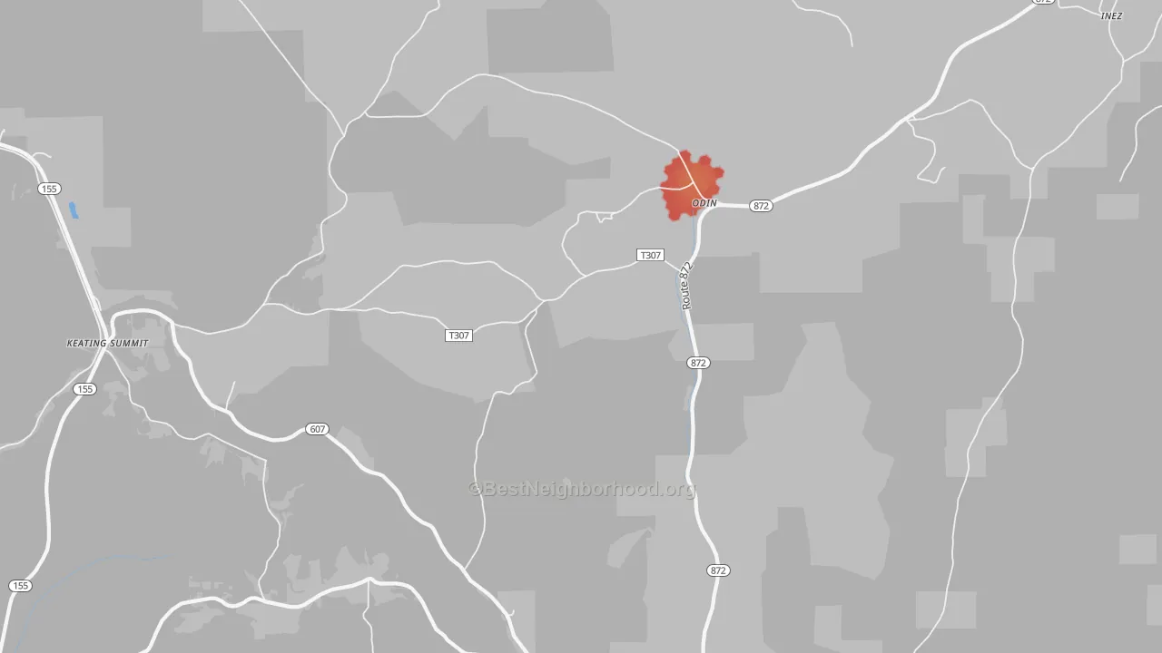 Walk Grade map of Odin, PA, walkable areas in green and car-dependent areas in red