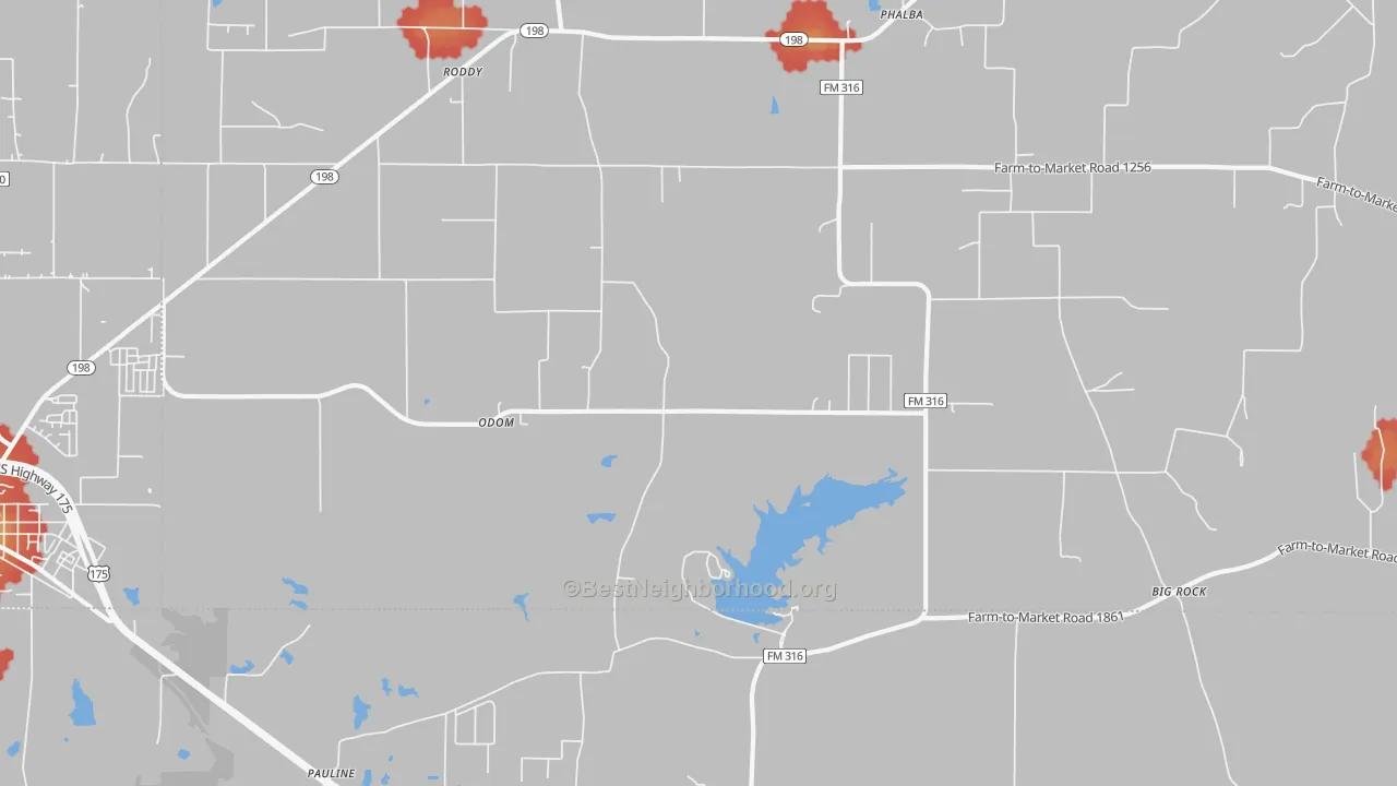 Walk Grade map of Odom, TX, walkable areas in green and car-dependent areas in red