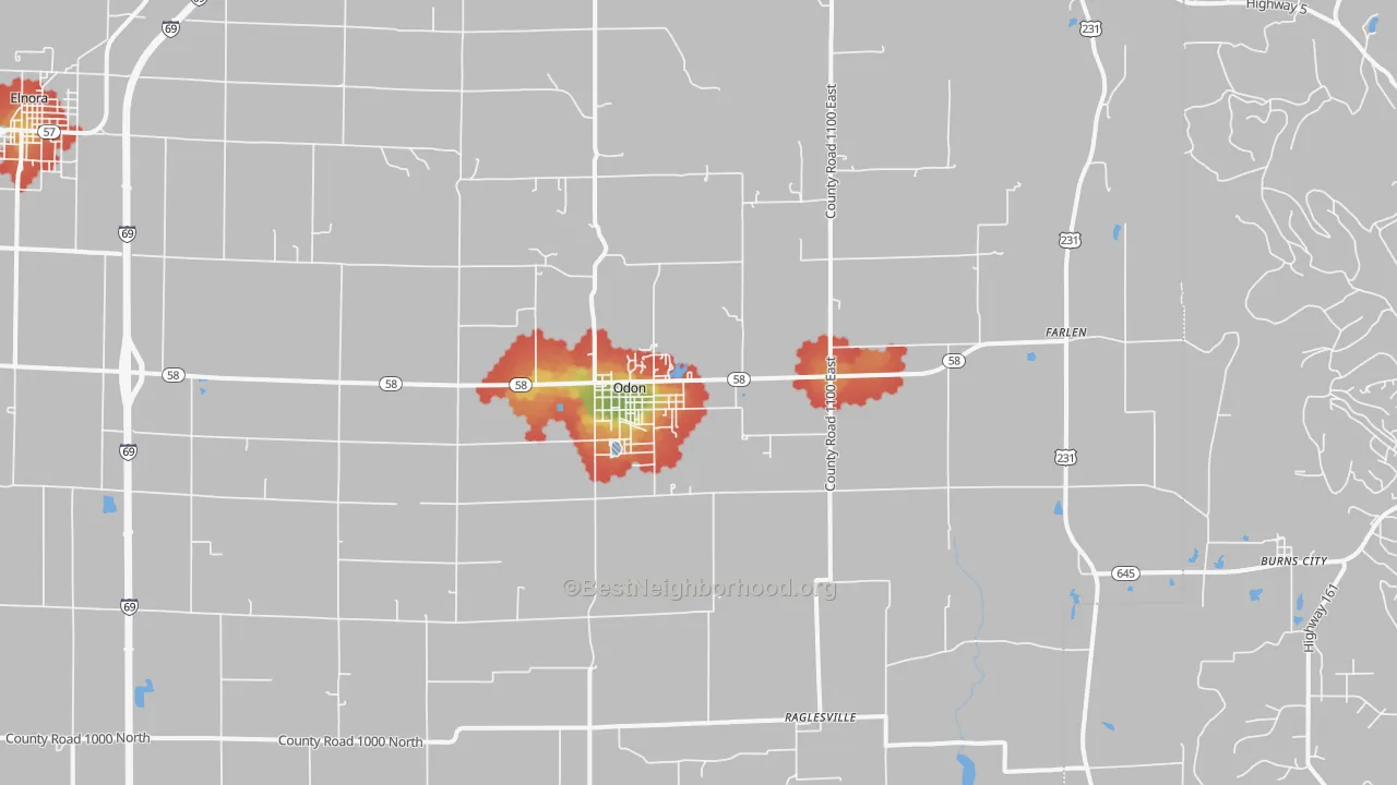 Walk Grade map of Odon, IN, walkable areas in green and car-dependent areas in red
