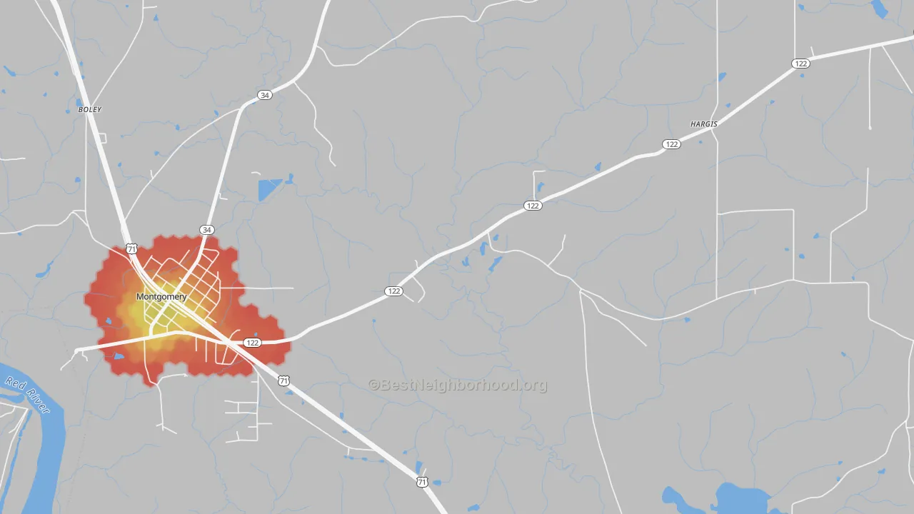 Walk Grade map of Odra, LA, walkable areas in green and car-dependent areas in red