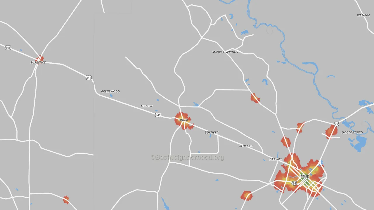 Walk Grade map of Odum, GA, walkable areas in green and car-dependent areas in red