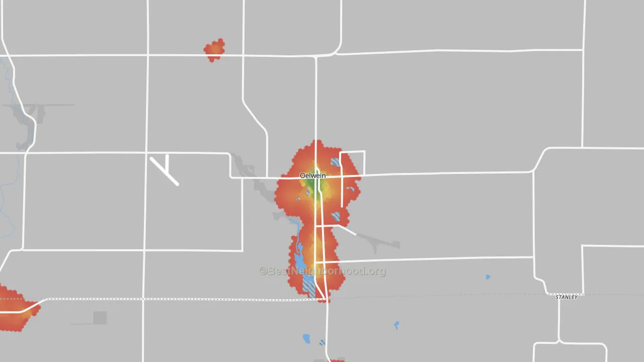 Walk Grade map of Oelwein, IA, walkable areas in green and car-dependent areas in red