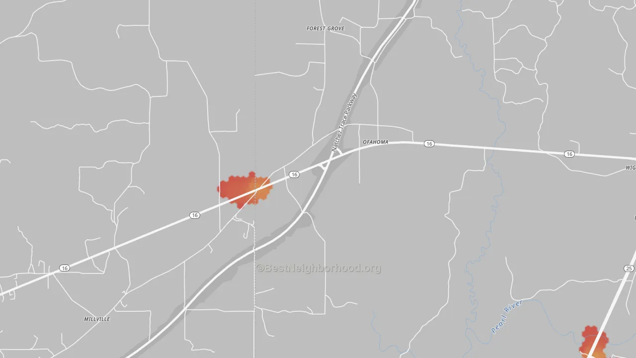 Walk Grade map of Ofahoma, MS, walkable areas in green and car-dependent areas in red