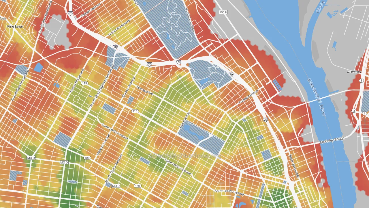 Walk Grade map of O'Fallon, St. Louis, MO, walkable areas in green and car-dependent areas in red