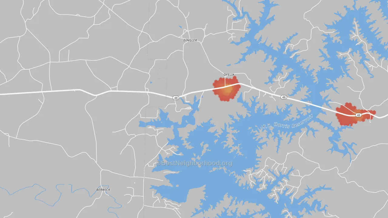 Walk Grade map of Ofelia, AL, walkable areas in green and car-dependent areas in red
